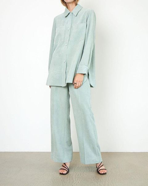 women's two piece pants casual corduroy 2 sets women long sleeve shirt and high waist loose solid trousers set outfits tracksuit, White